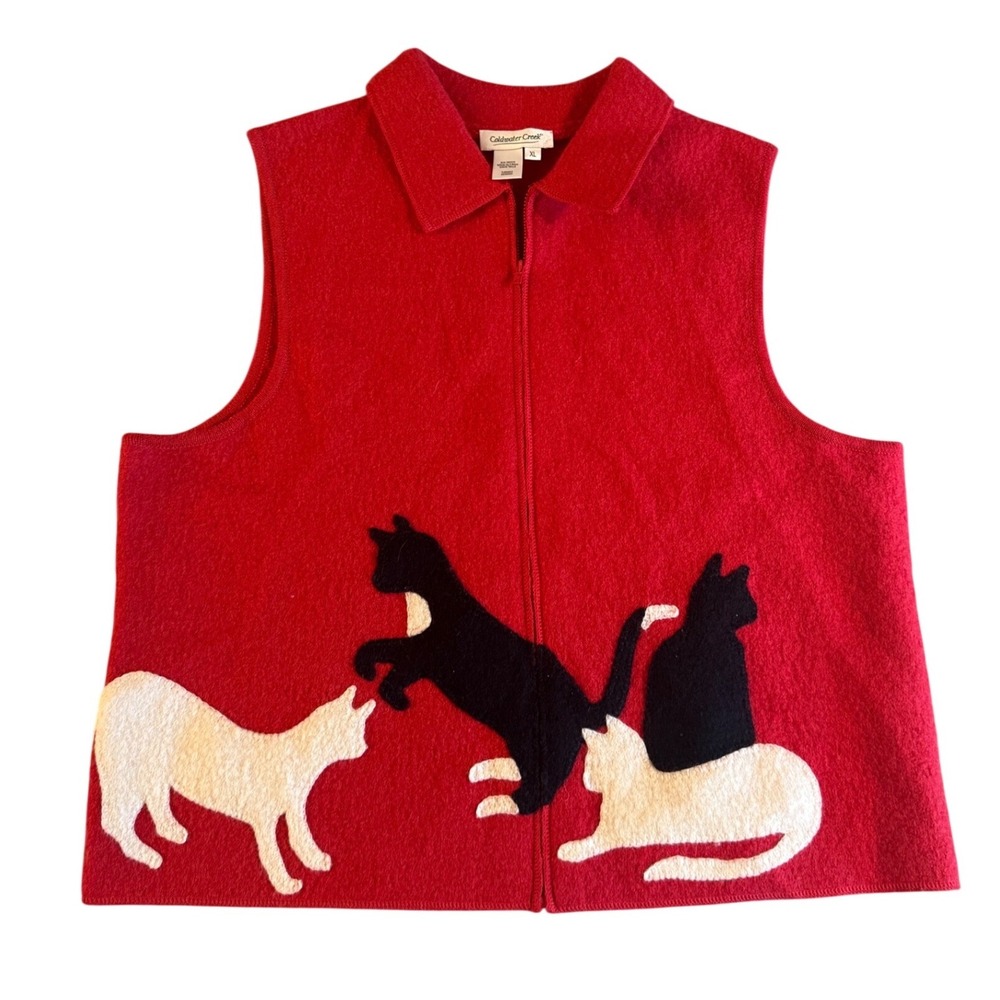 Coldwater Creek Red 100% Wool Cat Motif Zip Up Vest XL H08969